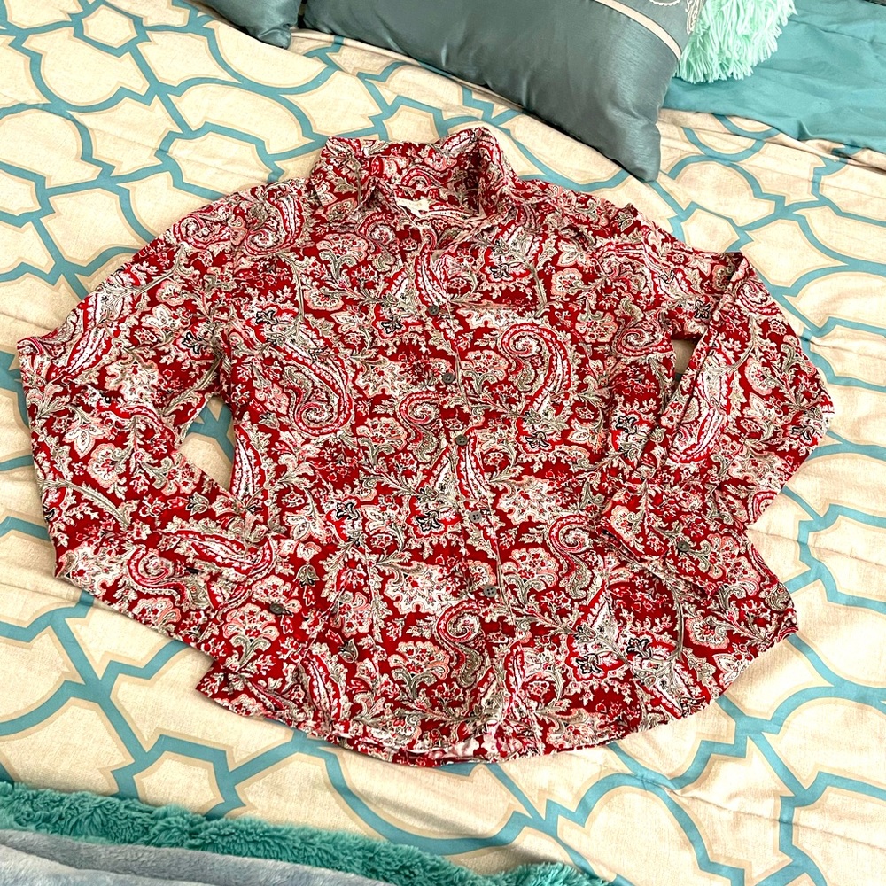 Talbots red paisley button down collar shirt